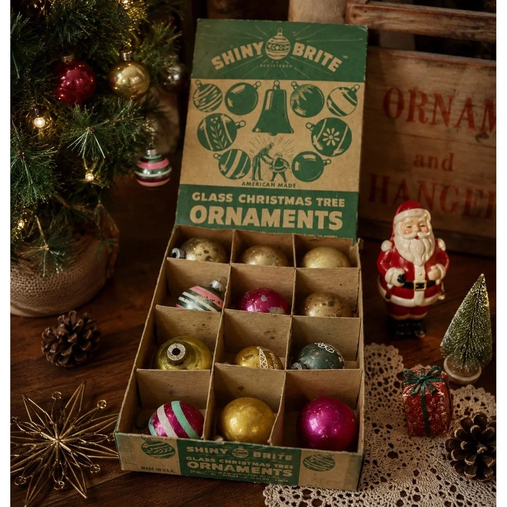 Vintage Shiny Brite Glass Christmas Ornaments 12pc MCM USA Original Box